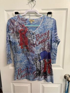 One World Live and Let Live Born Cowgirl Western Rhinestone Top M Y2K Bling